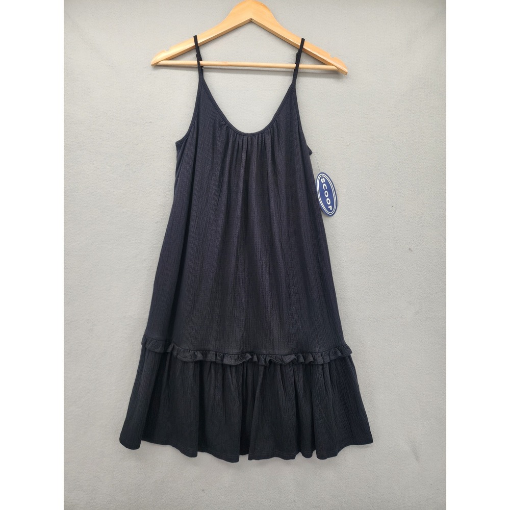Scoop Cami Ruffle‎ Mini Dress Black Textured Knit Tiered Summer Sundress Med New